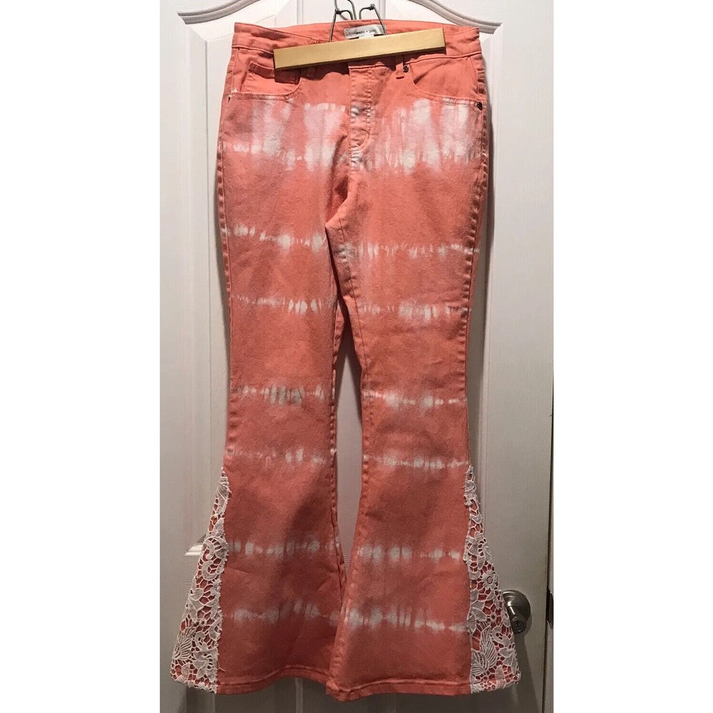 Gemma & Jane Flare Leg Jeans Coral Tie Dye Hippie Boho Lace Bellbottom Size 8